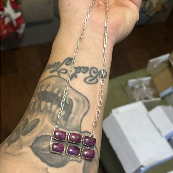 STERLING SILVER NATIVE AMERICAN SW PURPLE MOJAVE TURQUOISE BAR NECKLACE .925 - Picture 8 of 10